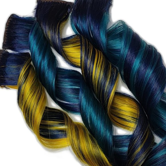 Remy Human Hair Extensions Galaxy Colored in Highlights Blue Teal Yellow - Picture 2 of 3